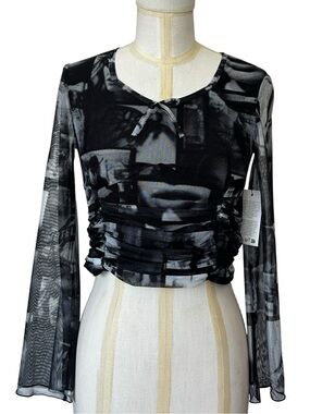 Guess Mesh Photo Collage Top Sheer Bell Sleeves Fairy Grunge Whimsigoth size 12